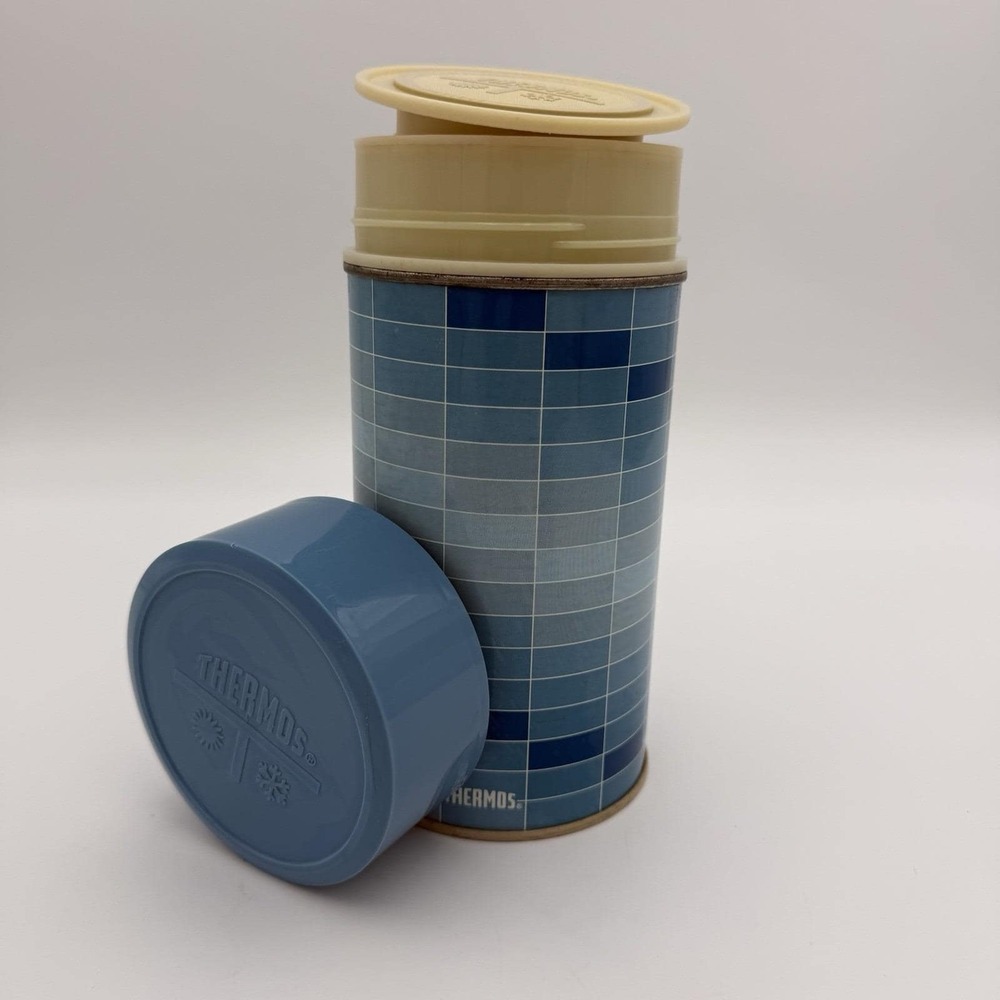 Vtg King Seeley Thermos BLUE CHECK Metal 16‎ Oz RARE Lid Cottage Camping Decor